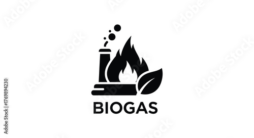 Biogas production symbol with flame leaf and text a black silhouette