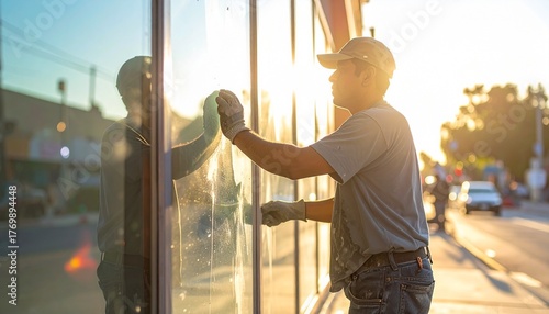 Glazier Installing Storefront Glass Panel in Late Afternoon Light