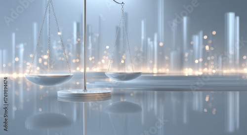 A balance scale in a modern city background symbolizing justice and the pursuit of equality in a professional context.