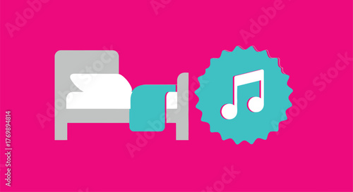 Minimalist bed and music note icon against a vibrant pink background silhouette