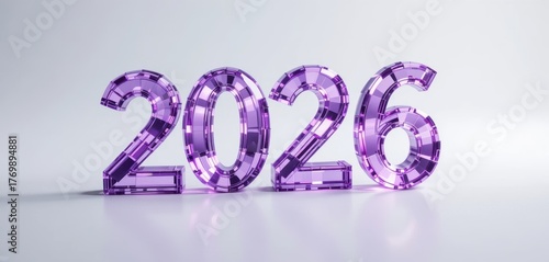 2026 3D render in luxurious purple faceted crystalline texture, isolated on a white background, suitable for premium, high-value, and elegant New Year concepts.