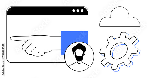 Hand extending from a browser window pointing to cloud and gear icon alongside user avatar. Ideal for teamwork, user management, operations, leadership, automation, cloud technology, simple flat