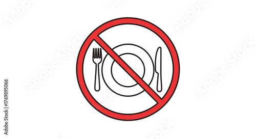 Prohibition sign with dining utensils round red frame and a clear silhouette