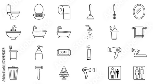 Collection of bathroom and toilet related line icons, outline signs for graphic and web design, apps, adverts, various cards, vector cartoon illustration with a clean and modern aesthetic, perfect