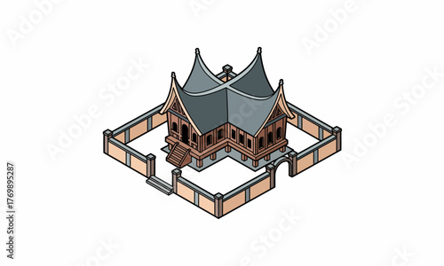 Isometric Illustration of Traditional Indonesian Rumah Gadang House with Unique Roof Design.