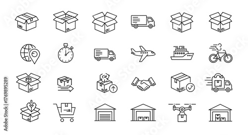 A comprehensive collection of minimalistic linear pictograms representing various aspects of box packaging, transportation, and delivery services, ideal for web design, graphic design, app