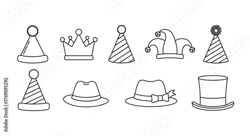 Collection of simple linear outline illustrations of various hats, including party hats, a crown, a jester hat, fedoras, and a top hat, suitable for web, books, cards, and apps, presented as editable