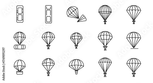 Collection of thin line icons representing parachutes and parachute jumps, including a parachute with a box, a parachute with a person, and a parachute deploying, suitable for web, books, cards, and