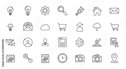 A versatile collection of thin stroke icons, perfect for web design, books, cards, and apps, featuring editable strokes and a clean, modern aesthetic. This vector cartoon illustration set includes