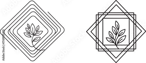 Minimalist Geometric Frames with Botanical Leaf Elements Line Art