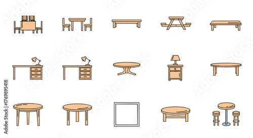 Collection of thin line icons representing various tables and desks, including dining sets, picnic tables, office desks with lamps, coffee tables, and bar stools, suitable for web, books, cards, and
