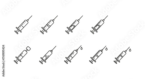 Collection of simple thin line art syringes, perfect for web, books, cards, and apps. This vector cartoon illustration features an ordered set of syringes, some with drops, on a clean white