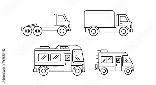 Modern outline style vector icons featuring a semi-truck chassis, a box truck, a motorhome, and a camper van, perfect for design projects, cards, apps, and social networks, presented as a clean