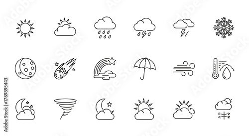 Collection of minimalist line vector icons depicting diverse weather phenomena and celestial bodies, including sun, clouds, rain, lightning, snowflake, moon, comet, rainbow, umbrella, wind