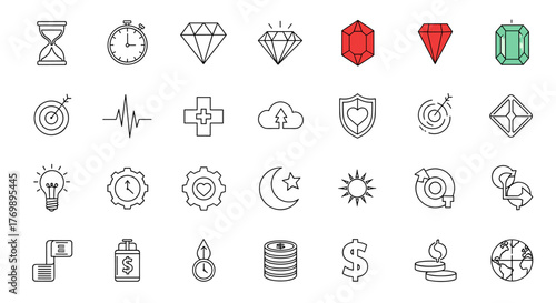 Set of outline icons representing time, gems, health, business, and finance, presented on a black background, suitable for graphic and web design, apps, adverts, and various cards, in a clean vector
