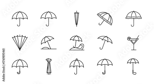 Collection of various umbrella and parasol line art icons on a white background, including closed, open, and beach umbrellas, a fan, and a cocktail glass, perfect for weather, travel, or fashion