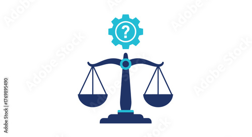 Scales of justice with a gear question mark a striking silhouette