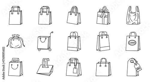 A collection of diverse shopping bag line icons, presented as outline signs for graphic and web design, apps, advertisements, and various cards. This vector cartoon illustration features a bundle of