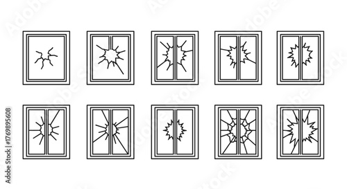 Collection of ten distinct linear outline icons representing broken windows, showcasing various crack patterns and degrees of damage, perfect for graphic design, web applications, advertisements, and