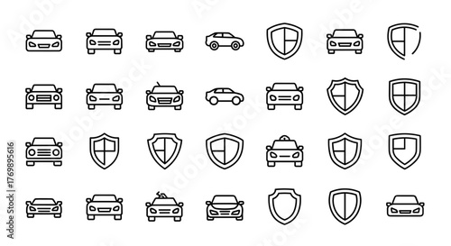 Modern outline style icons featuring cars and shields, presented as a set of vector cartoon illustrations on a white background, ideal for design projects, cards, apps, and social networks, offering