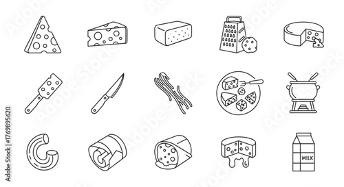 A diverse collection of minimalistic linear pictograms representing various cheese types and related items, including wedges, blocks, grated cheese, fondue, pasta, and milk, perfect for web and