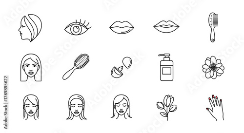 A collection of white line art icons on a black background, representing beauty and self-care, including female faces, eyes, lips, hairbrushes, a flower, a plant, a bottle of lotion, and a manicured