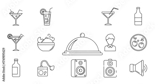Collection of simple, thin-line illustrations featuring cocktails, a bottle, a cloche-covered dish, a bowl, a person icon, a camera, a speaker, a megaphone, and a pipe, representing various design
