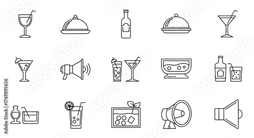 Collection of thin line icons representing cocktails, a cloche-covered dish, a bottle, and loud speakers, perfect for app design, articles, and various graphic resources, offering a clean and modern
