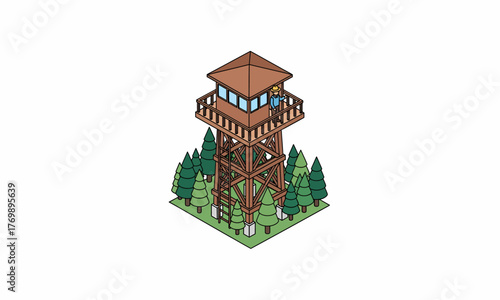 Isometric illustration of a wooden forest fire lookout tower surrounded by evergreen trees.