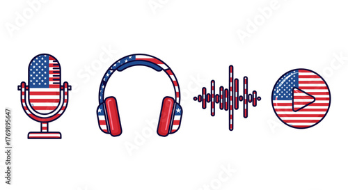Vibrant American Flag Themed Podcast and Audio Icons: Microphone, Headphones, Soundwave, and Play Button. This vector cartoon illustration features patriotic red, white, and blue elements, perfect