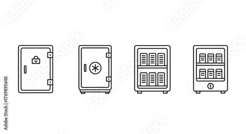 Minimalistic outline icons of cold storage units and safes, perfect for web and graphic design, apps, banners, social networks, and cards. This vector cartoon illustration features a white