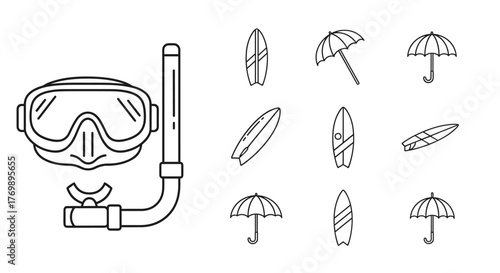 Collection of Diving Mask, Surfboard, and Umbrella Line Icons, representing beach and water activities, perfect for graphic and web design, apps, adverts, and various cards, vector outline signs for