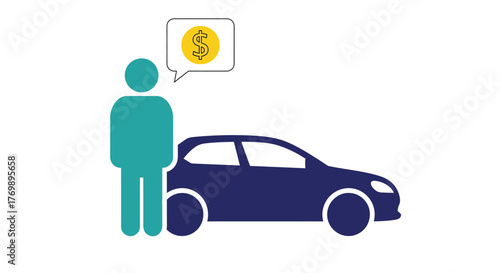Person car and dollar sign graphic illustration with a flat style silhouette