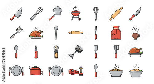 Vibrant Flat Design Cooking Icon Bundle: A Comprehensive Collection of Kitchen Utensils, Barbecue Grill, Roasted Turkey, Steak, Plates, Bowls, and Hot Beverages, Perfect for Graphic Design, Apps, and