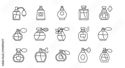 A curated collection of minimalistic, linear perfume icons, presented in a vivid, cartoonish style. These versatile pictograms are perfect for web design, graphic design, app interfaces, social media