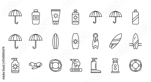 Collection of minimalist line art icons representing summer and beach essentials, including umbrellas, sunscreen bottles and tubes, surfboards, fins, a lifebuoy, and a bow tie, perfect for web