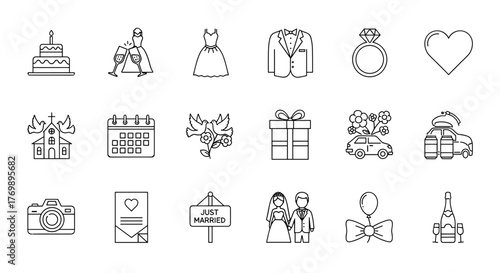 Collection of wedding thin line icons, including a cake, champagne glasses, a bride and groom, a church, doves, a calendar, a wedding dress, a tuxedo, a diamond ring, a heart, a gift box, a decorated