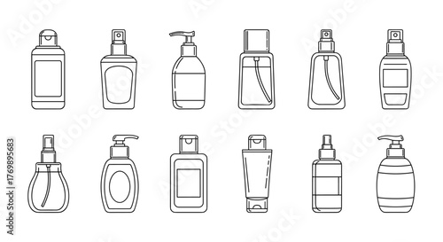 Collection of cosmetic bottles and containers in outline style, featuring pump dispensers, spray bottles, and flip-top caps, ideal for graphic design, web, apps, and advertising, presented as a clean