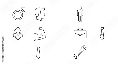 Minimalistic linear icons representing male symbols, profile silhouette, muscular arm, briefcase, tie, and wrench, perfect for web design, app interfaces, social media graphics, and professional