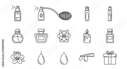 Collection of thin line icons representing perfume bottles, atomizer, flower, candle, gift box, and drops of liquid, perfect for web, books, cards, and apps, editable stroke, vector cartoon