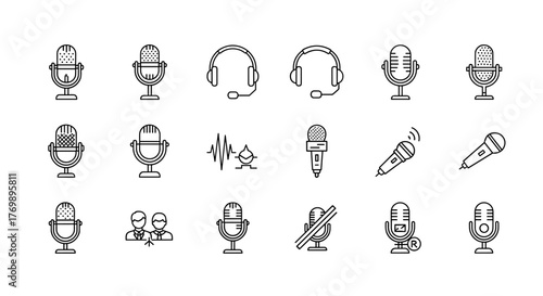 Collection of outline microphone and headphone icons, representing audio recording, broadcasting, podcasting, and communication. This versatile set includes vintage and modern microphones, headphones