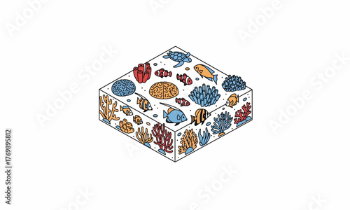 Isometric Cube with Colorful Marine Life - Fish, Coral, and Sea Turtle Illustration.