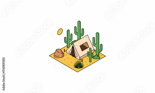 Stylized isometric desert camping diorama with a beige tent and saguaro cacti.