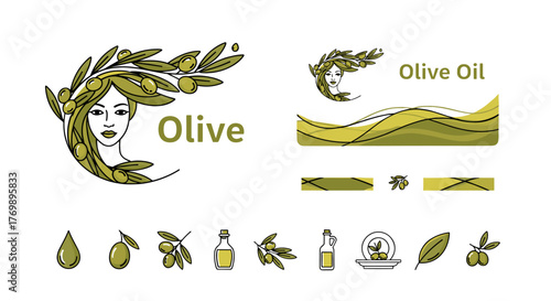 Set of olive oil related icons and design elements, including a stylized woman's profile with olive branches in her hair, olive branches with olives, olive oil bottles, a drop of oil, and abstract