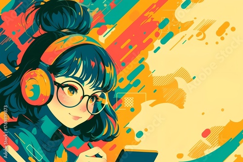 躍動感のある線画と配色による女性イラスト（エネルギー・ダイナミック・イラストレーション）