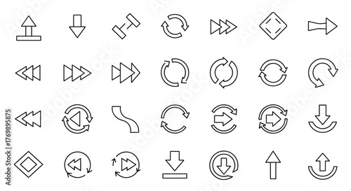 Collection of thin line art arrow icons, including circular arrows, forward and backward arrows, up and down arrows, and directional pointers, presented on a clean white background for versatile