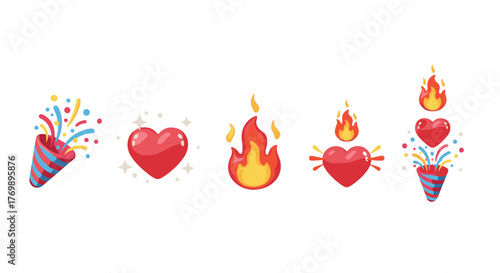 A vibrant collection of 3D emoji icons, featuring a festive party popper exploding with confetti, a radiant red heart surrounded by sparkling stars, a fiery flame, a heart pierced by arrows with