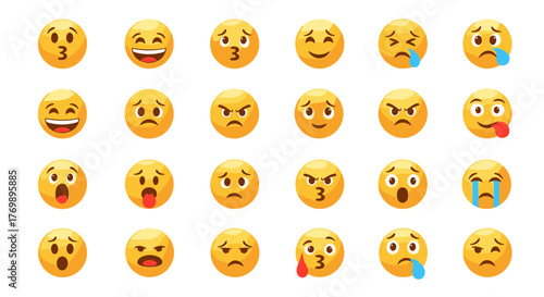 A vibrant collection of 3D yellow emoji faces showcasing a wide spectrum of emotions, from joy and surprise to anger and sadness, presented in neat rows against a stark black background, perfect for