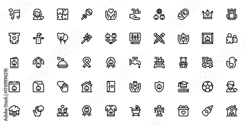International Children's Day icon set. Vector illustation featuring children, amily, globe, protection, ducation, play, gift, care freedom, and more. Editabe stroke.