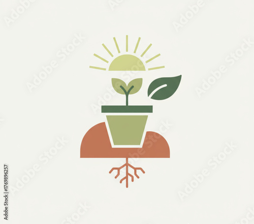 A stylized illustration of a plant growing from a pot, with roots extending downwards and a sun shining above, symbolizing growth and nature